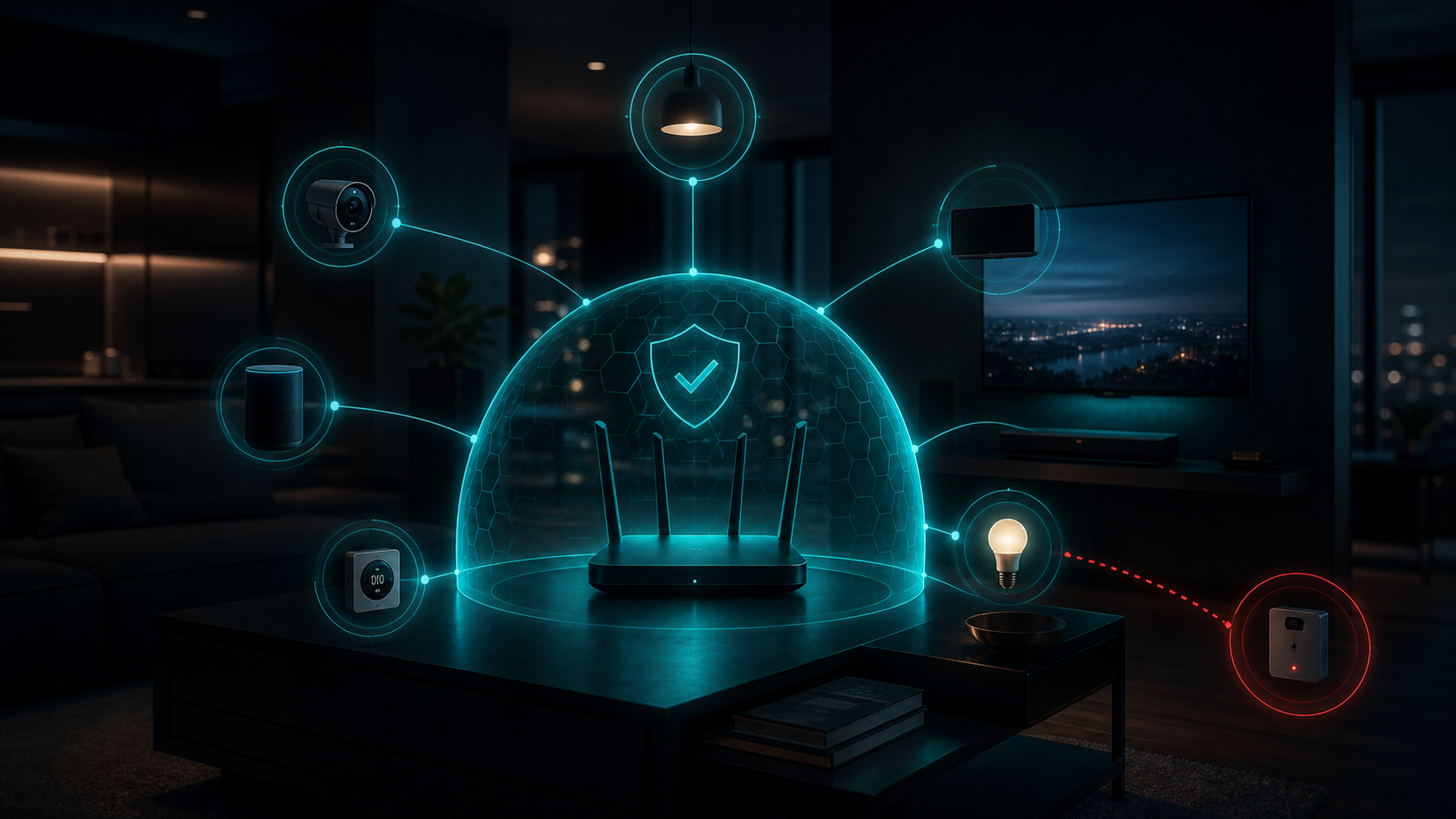 Akıllı ev cihazlarını ve router etrafında kurulan güvenlik kalkanını anlatan koyu modern illüstrasyon