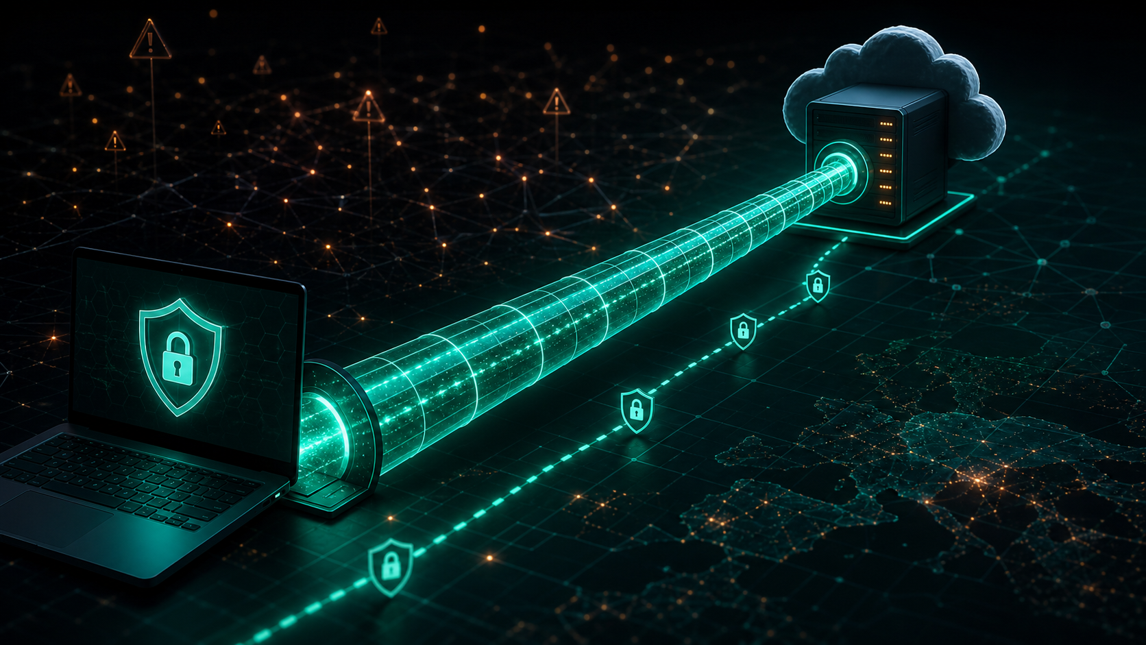 Özel VPN tüneli ve güvenli bağlantıyı anlatan koyu siber güvenlik illüstrasyonu