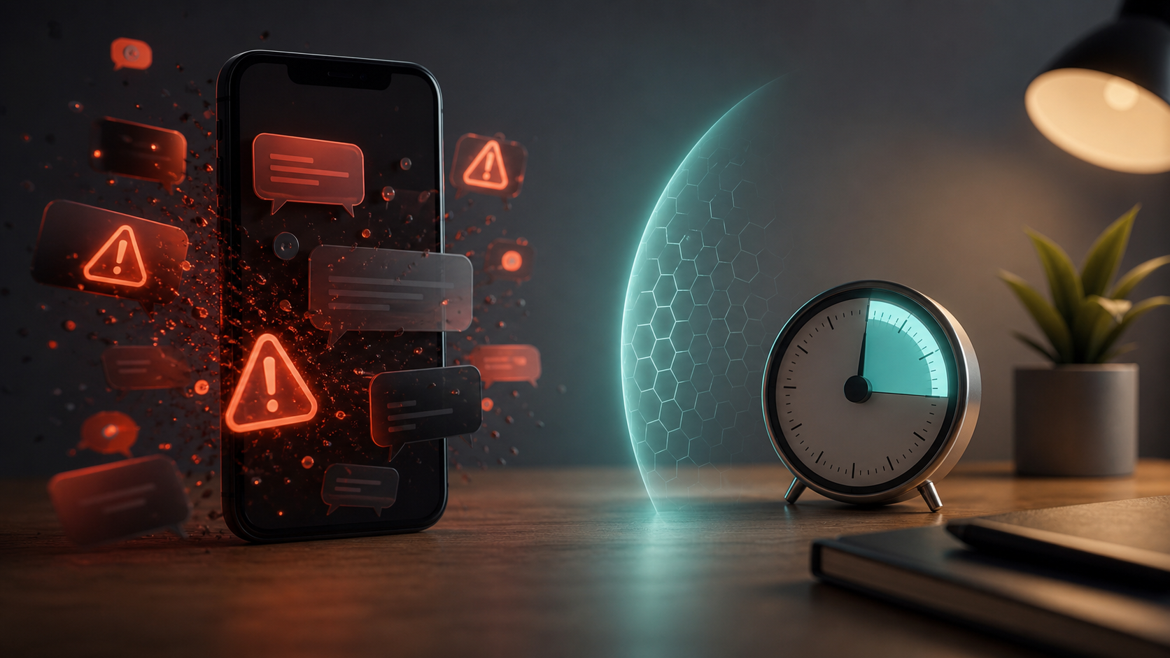 Panik mesaj dolandırıcılığına karşı telefon, uyarılar ve sakin karar anını anlatan kapak görseli