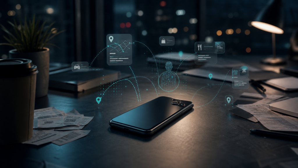 Masa üzerinde telefon ve çevresinde davranış tahmini simgeleri