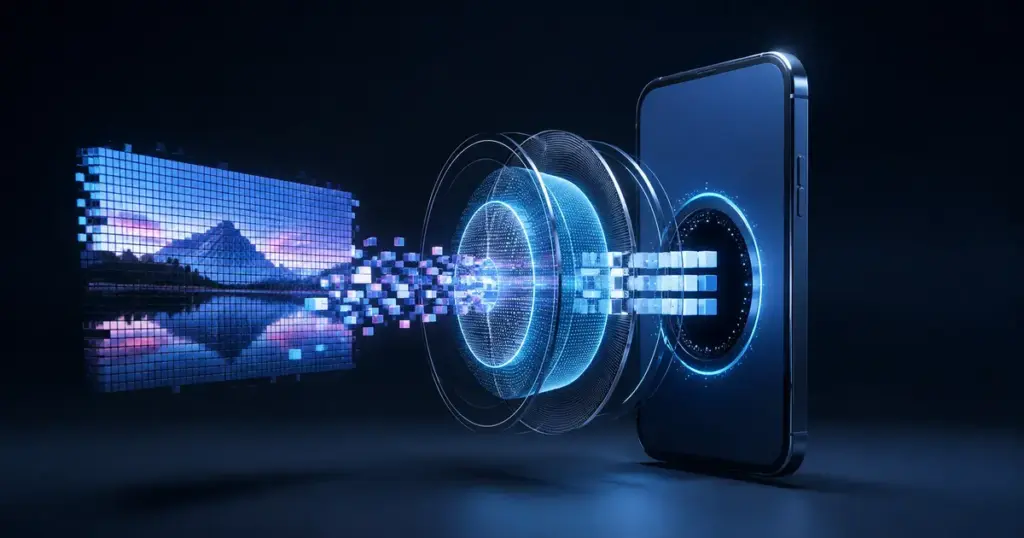 Akıllı telefona ulaşan görsel dosyasının güvenlik filtresinden geçirilmesini anlatan koyu renkli illüstrasyon