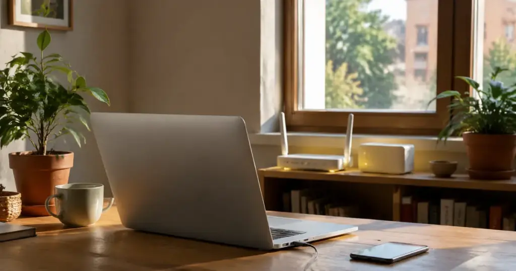 Wi-Fi bağlantısı bulunan Mac dizüstü bilgisayar ile modem arasındaki kopuk internet yolunu gösteren ev çalışma masası