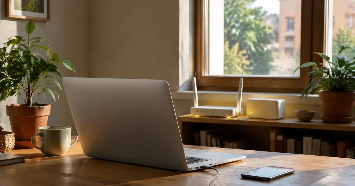 Wi-Fi bağlantısı bulunan Mac dizüstü bilgisayar ile modem arasındaki kopuk internet yolunu gösteren ev çalışma masası