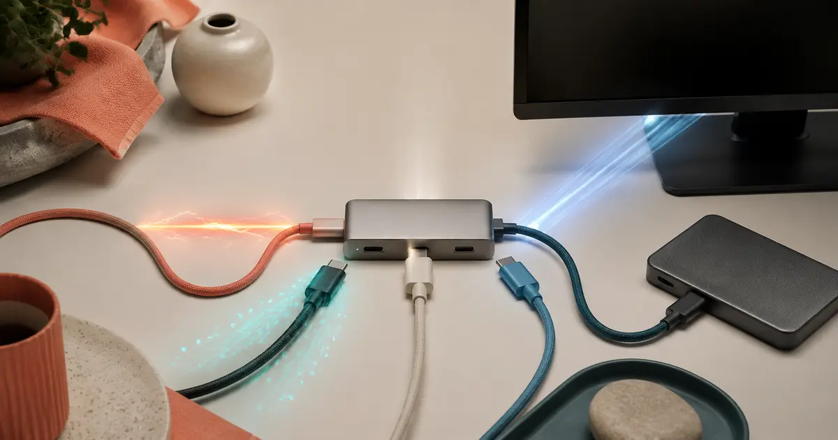 Şarj enerjisi, veri akışı ve monitör bağlantısıyla test edilen farklı renkte dört USB-C kablo