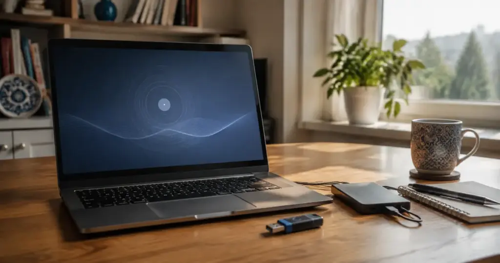 Windows kurtarma işlemi için dizüstü bilgisayar, USB bellek ve harici yedekleme diski bulunan çalışma masası