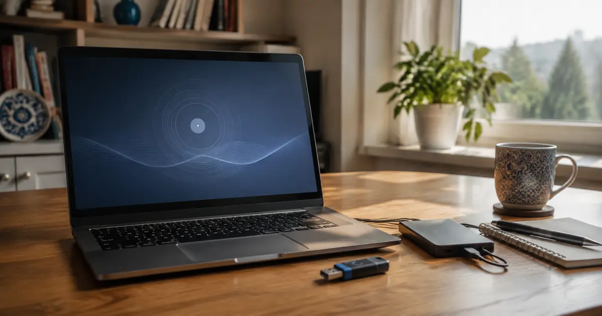 Windows kurtarma işlemi için dizüstü bilgisayar, USB bellek ve harici yedekleme diski bulunan çalışma masası