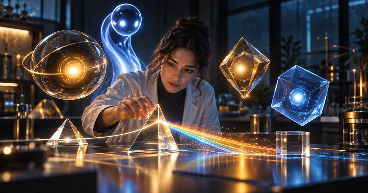 Karanlık laboratuvarda ışıklı geometrik yapay zekâ yardımcılarıyla deney yapan araştırmacı