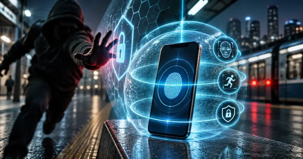 Şehir ortamında hareket algılama ve biyometrik kalkanla korunan markasız Android telefon