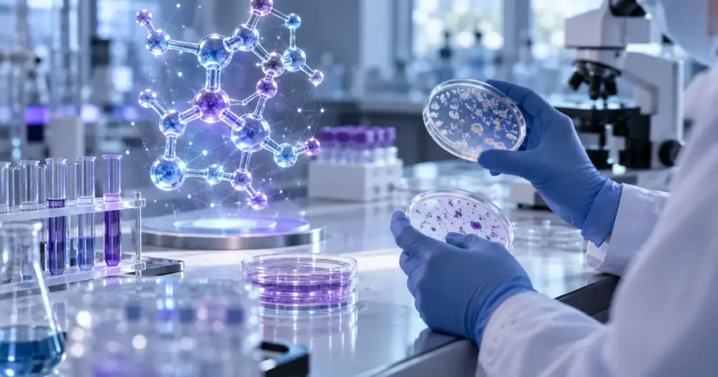 Laboratuvarda molekül modelini ve petri kaplarını karşılaştıran eldivenli araştırmacı elleri