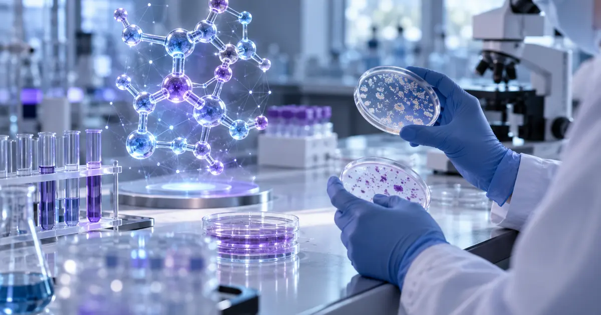 Laboratuvarda molekül modelini ve petri kaplarını karşılaştıran eldivenli araştırmacı elleri
