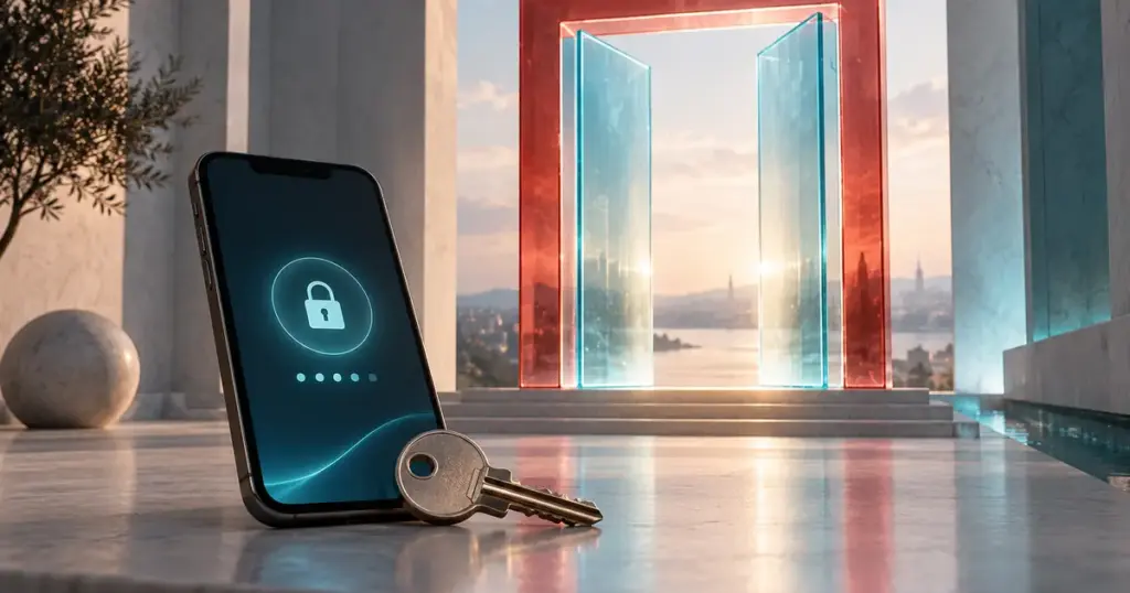 İki saydam güvenlik kapısının önünde duran akıllı telefon ve fiziksel anahtar