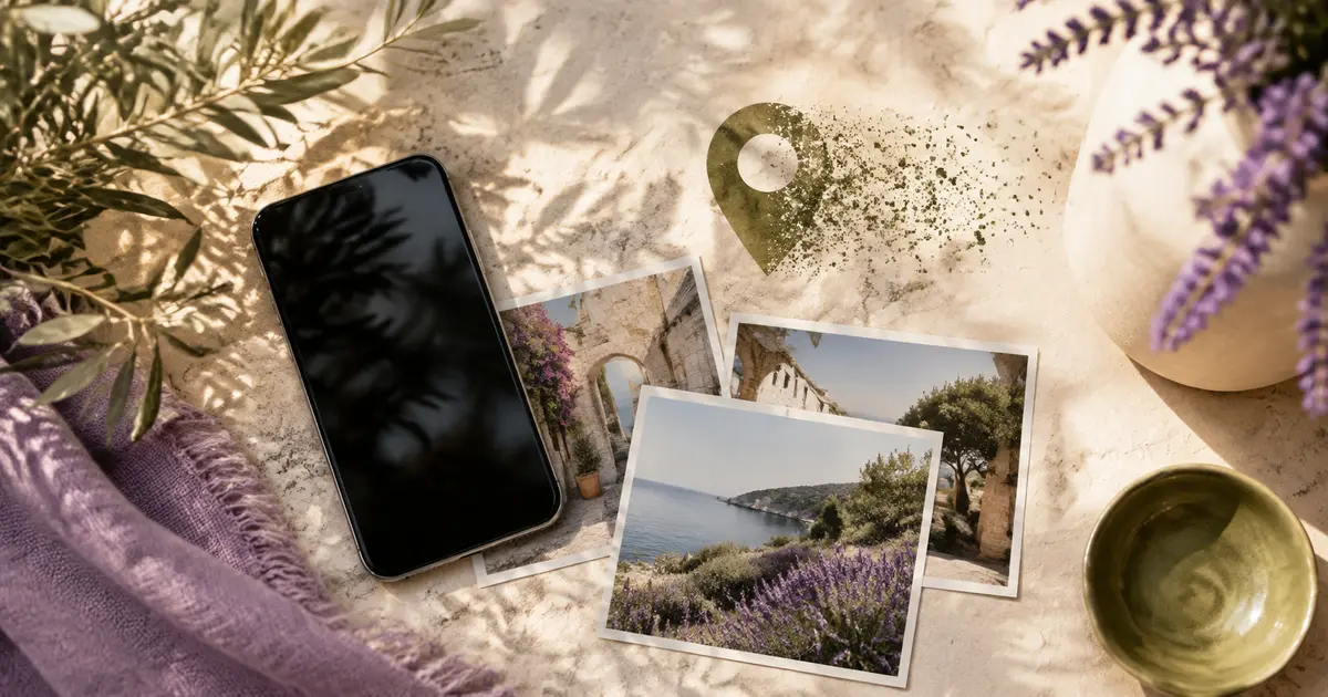 Telefon ve seyahat fotoğrafları yanında parçacıklara ayrılan konum işaretini gösteren üstten çekim