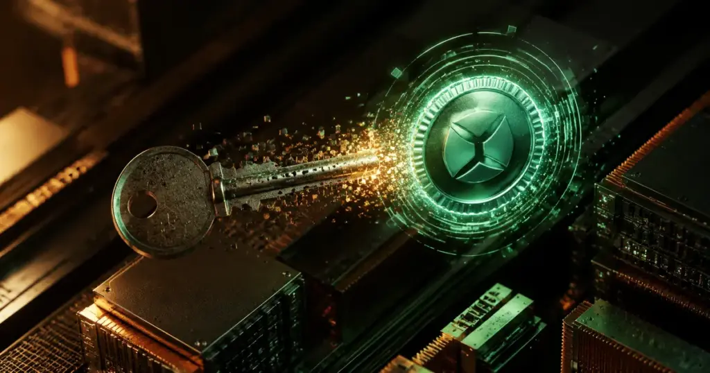 Sunucu donanımı üzerinde yenilenen metal anahtar ve yeşil kriptografik mühür illüstrasyonu