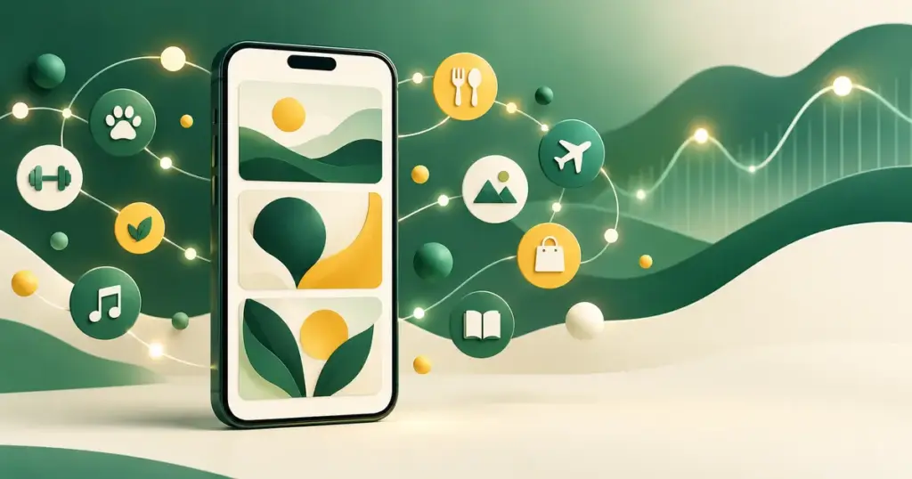 Telefondaki soyut içerik kartlarının değişen ilgi alanları ve trafik dalgasıyla çevrelendiği sahne