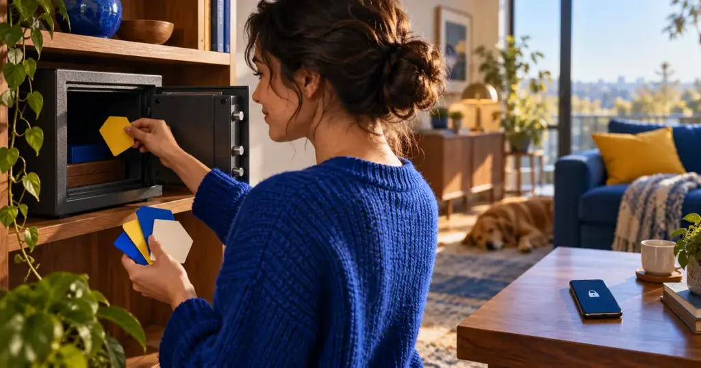 Telefonundan uzakta tek kullanımlık kurtarma kartlarını ev kasasına yerleştiren kullanıcı