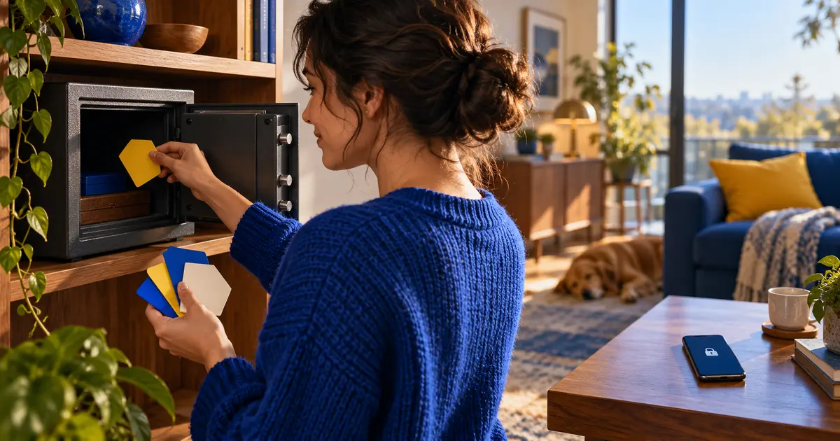 Telefonundan uzakta tek kullanımlık kurtarma kartlarını ev kasasına yerleştiren kullanıcı