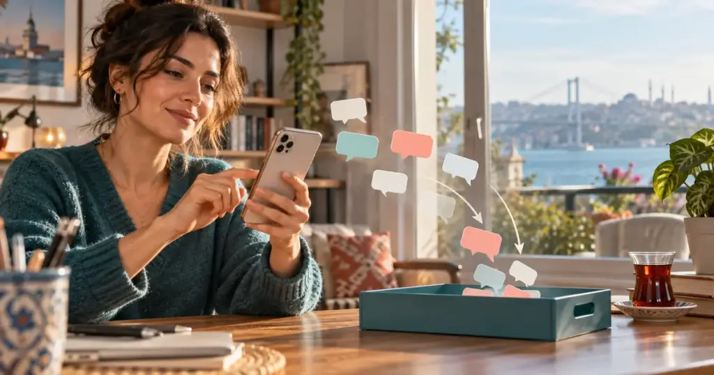 İstanbul manzaralı evde telefondaki istenmeyen mesaj izinlerini düzenleyen kullanıcı