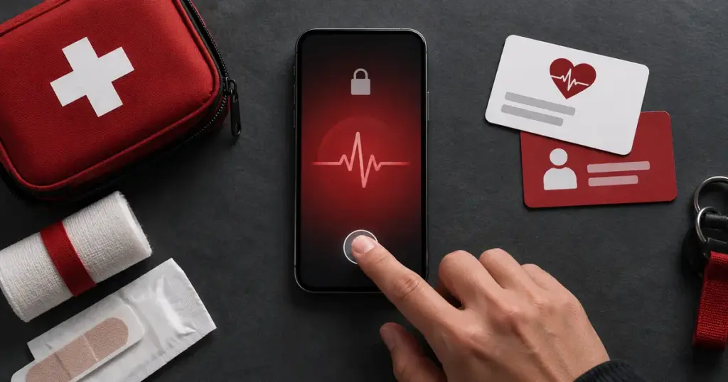 Kilitli bir akıllı telefonun yanında acil durum çantası ve tıbbi bilgi kartları